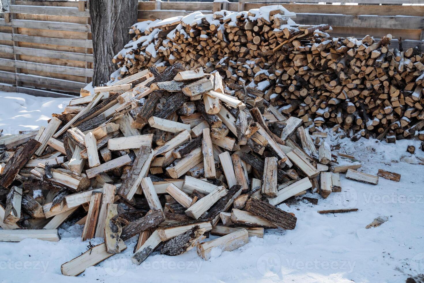In the snowy landscape, a large and impressive pile of wooden logs rests peacefully in front of a rustic wooden fence, enhancing the picturesque wintry scenery of the surrounding area photo