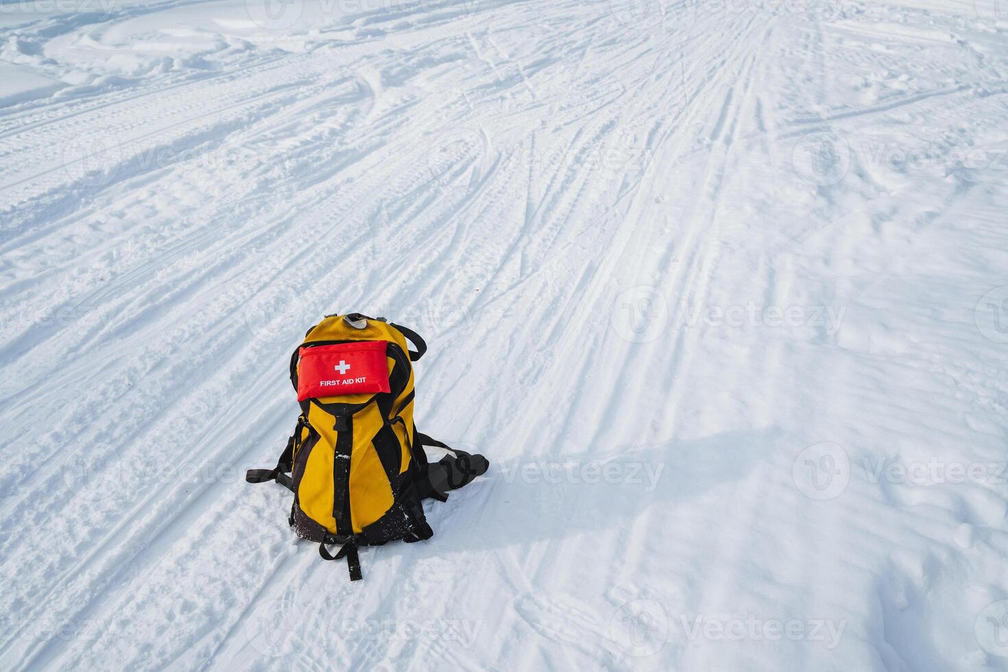 A yellow and black backpack is sitting in the snow photo