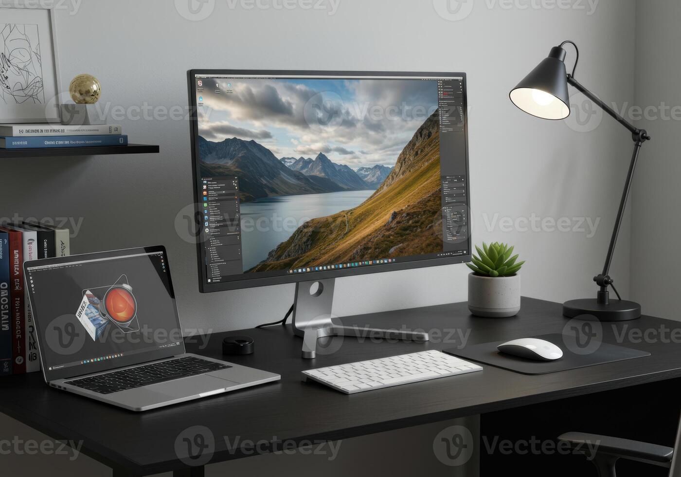 Modern workspace setup featuring a laptop, large display with a mountain view, and minimalist accessories. photo