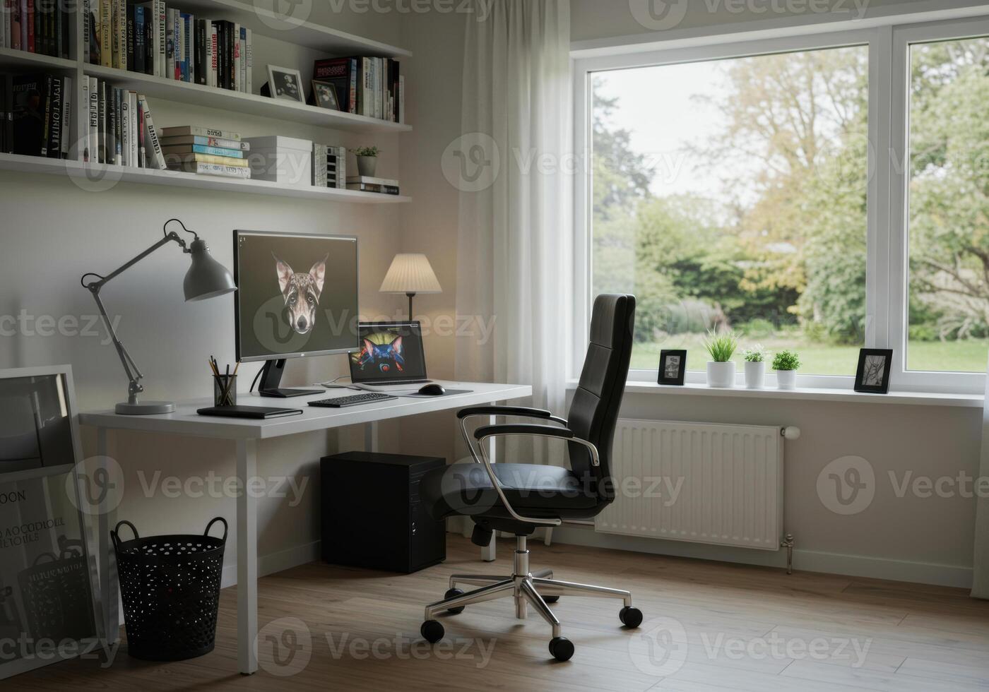 A modern home office featuring a computer and laptop setup by a window with a lush green view. photo