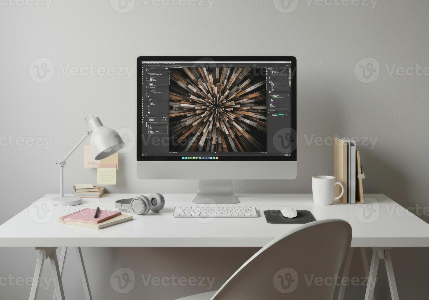Clean white desk with an monitor displaying an abstract art design in a modern workspace. photo