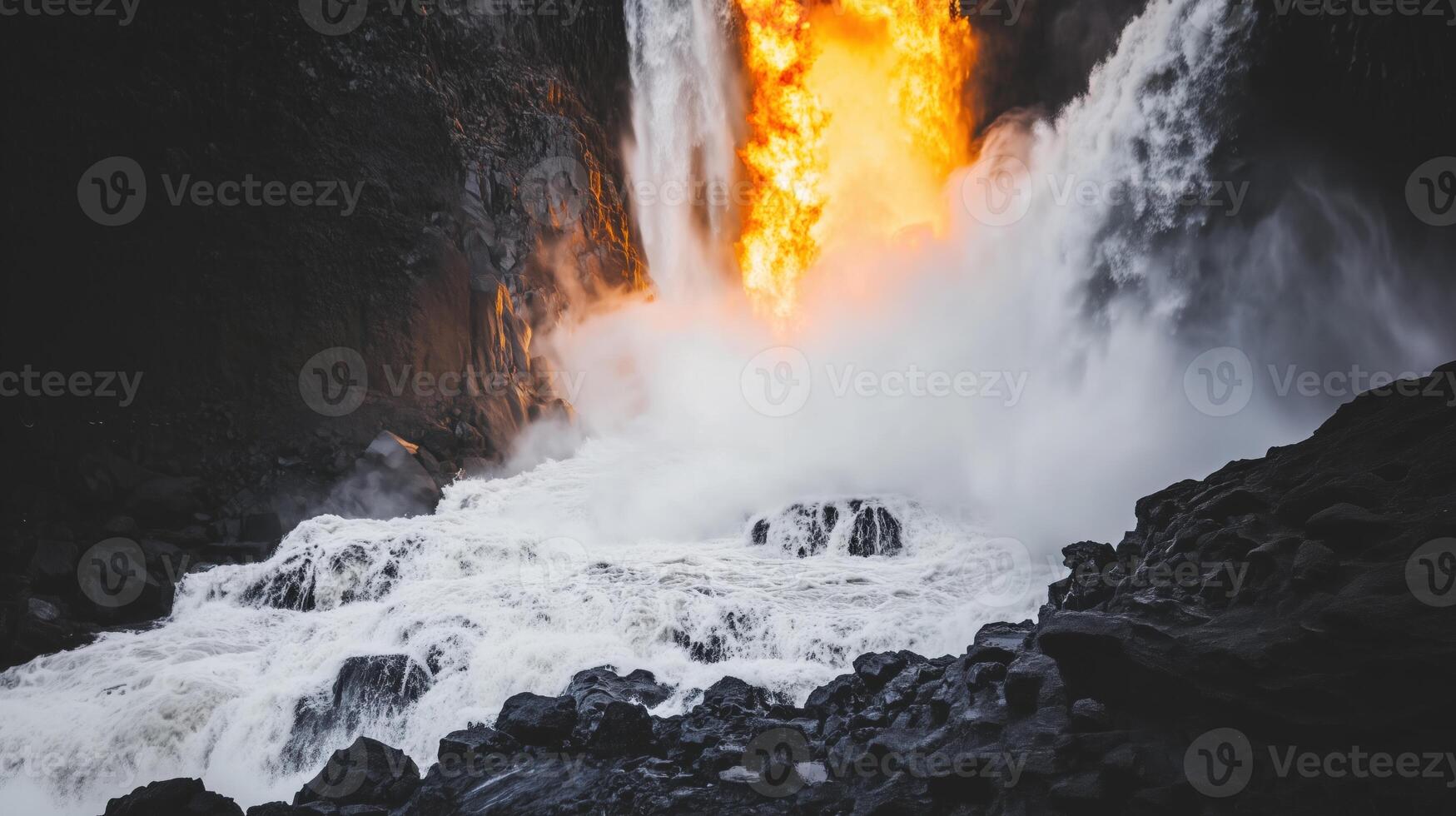 Majestic waterfall plunges from rugged cliffs with a stream of lava, creating a mesmerizing and powerful scene. photo