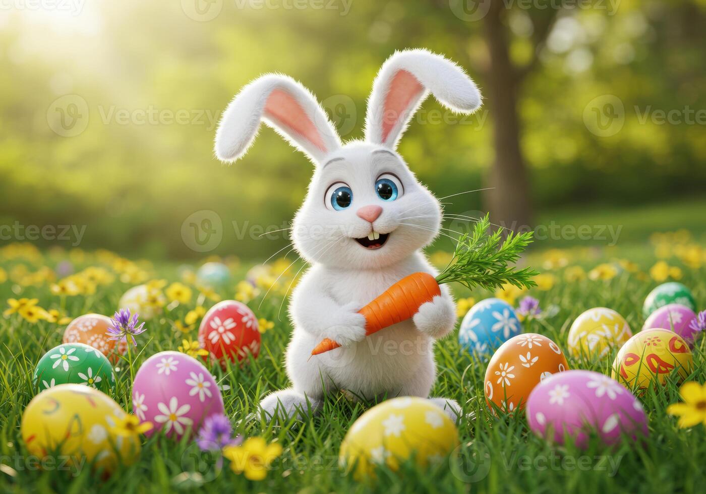 A cheerful Easter bunny with a carrot stands in a flower-filled meadow surrounded by colorful eggs. photo