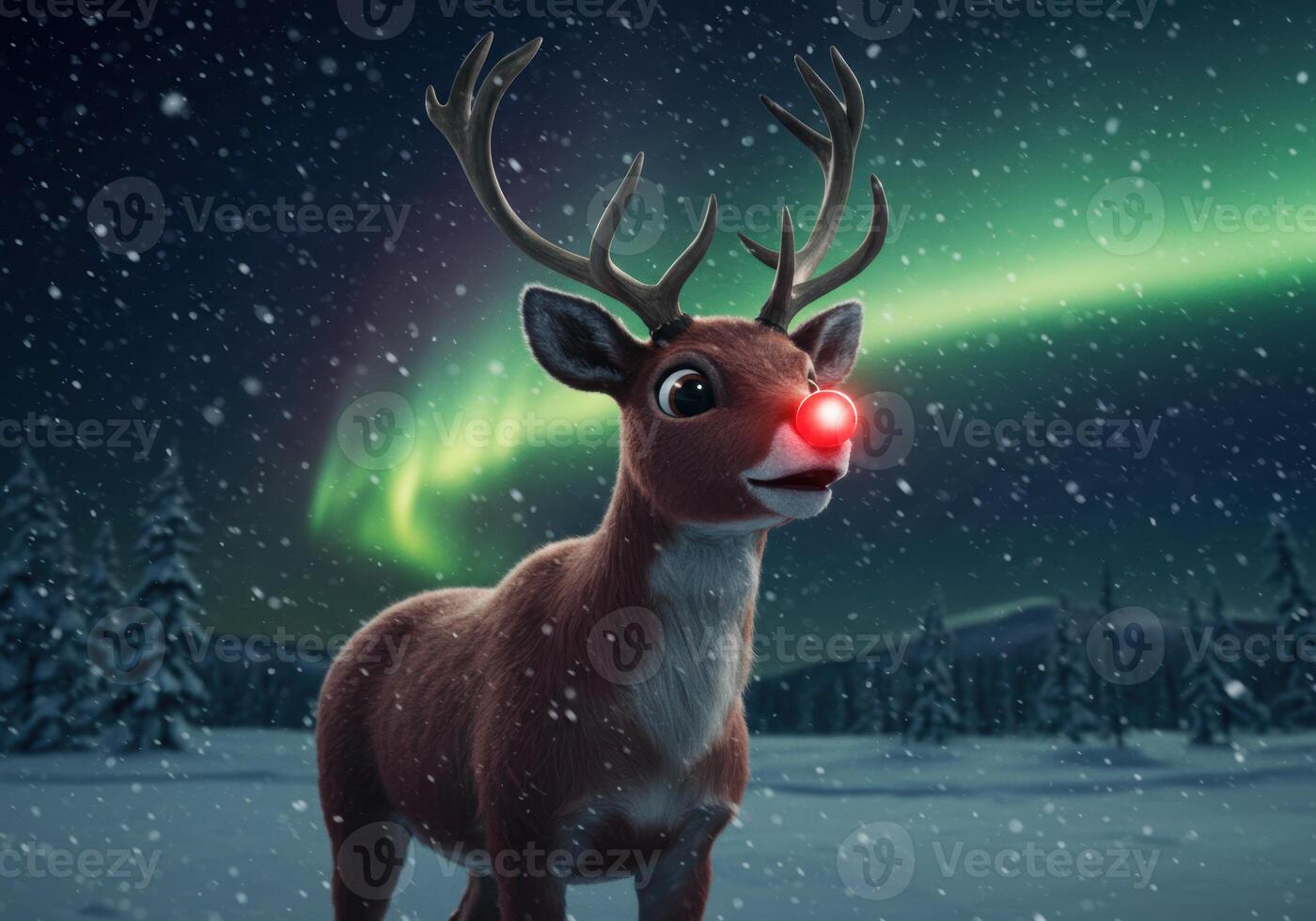 A cartoon reindeer with a red nose stands beneath the aurora borealis on a snowy winter night. photo