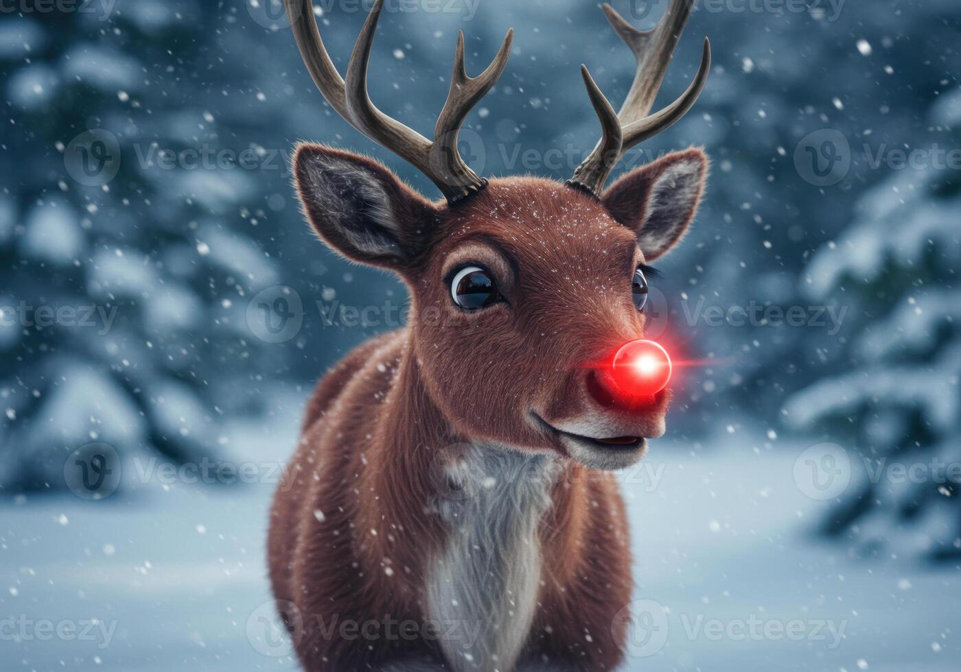 A cheerful reindeer with a bright red nose stands amidst falling snow in a wintry forest. photo