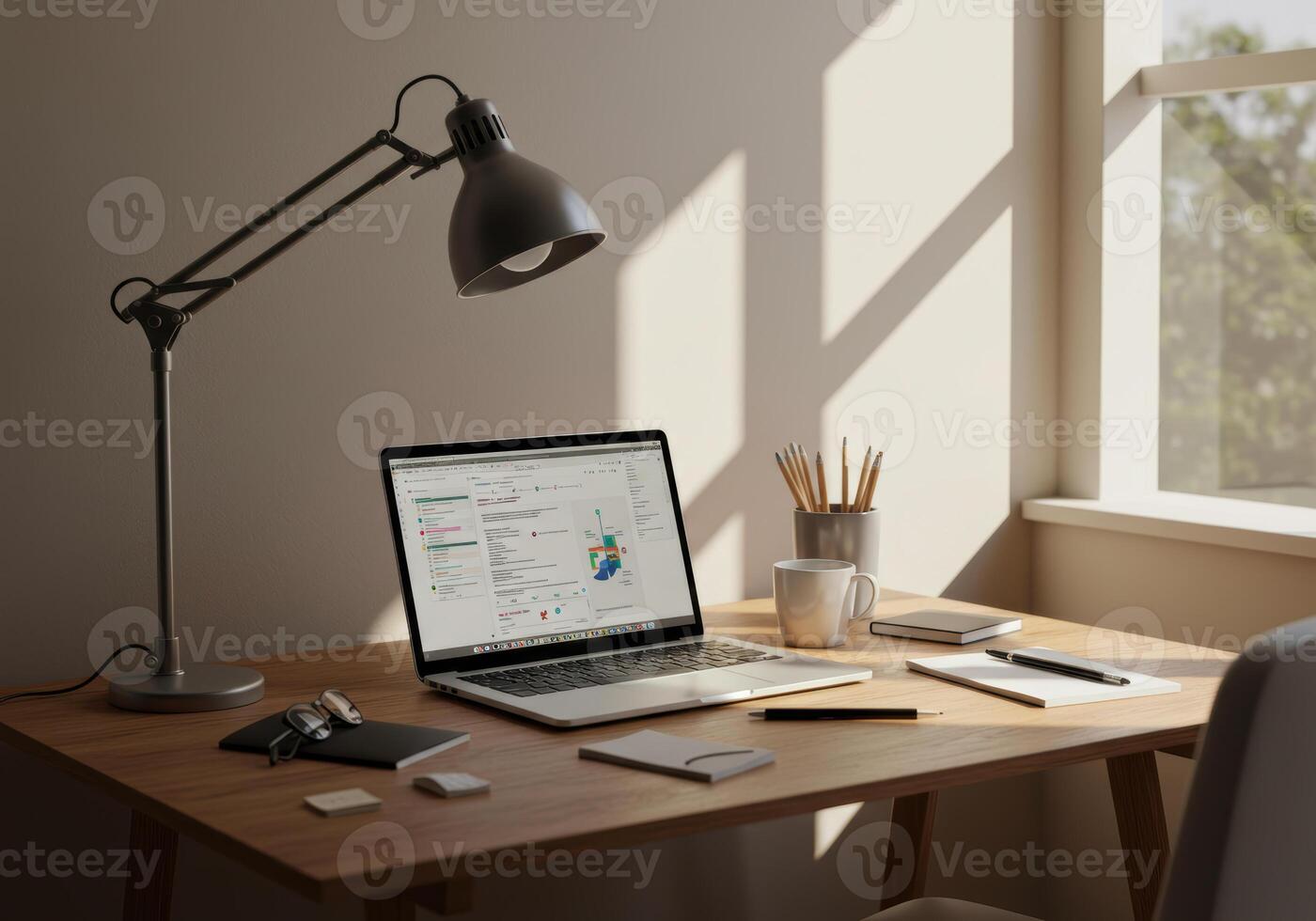 Bright home office setup with laptop displaying charts, desk lamp, and stationery on a wooden desk. photo