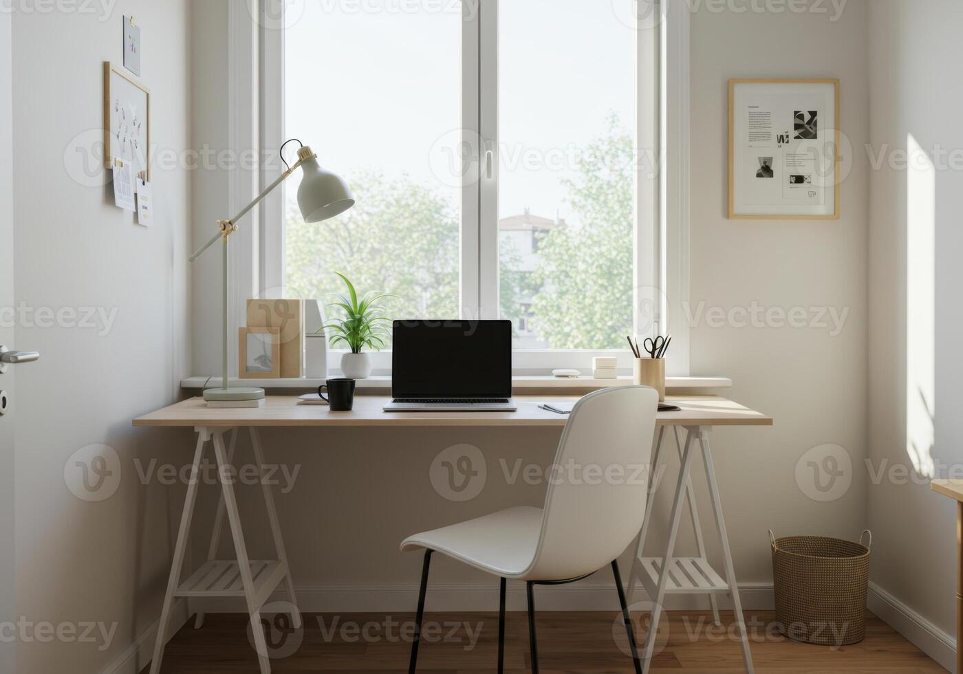 Bright and airy home office featuring a minimalist desk setup near a sunlit window. photo