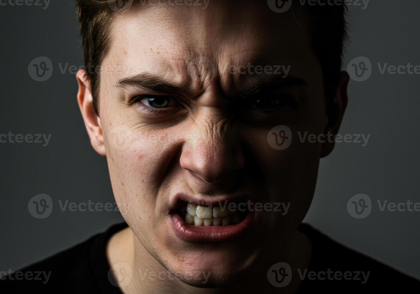A young man expresses intense anger with a furrowed brow and tightly clenched teeth. photo