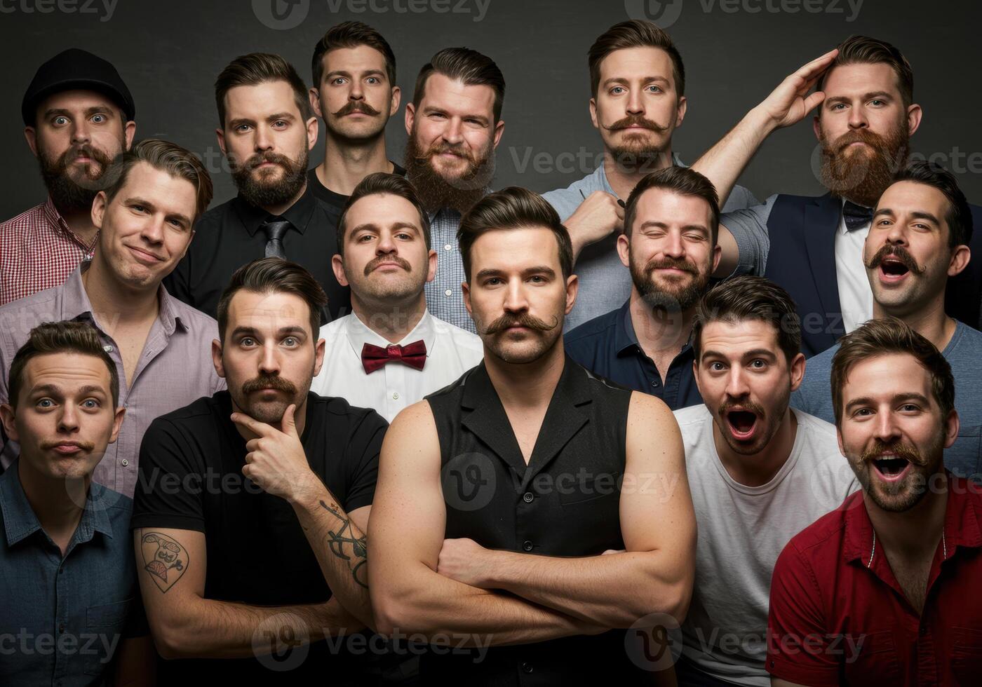 A diverse group of men showcases unique mustaches and beards with a variety of expressions. photo
