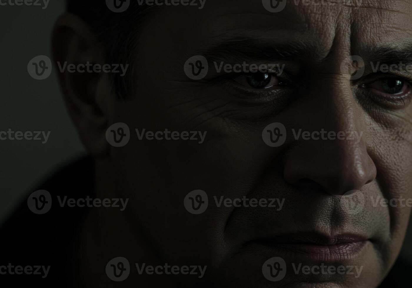 Intense portrait of a mature man lost in thought, with shadows adding depth and intrigue to his expression. photo