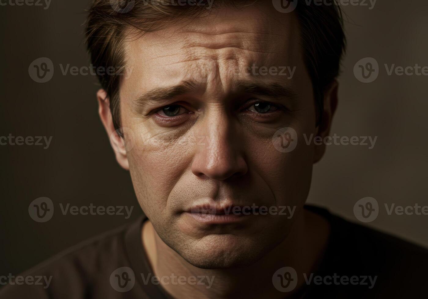 A man's face conveys deep sadness with teary eyes, expressing a somber and emotional moment. photo