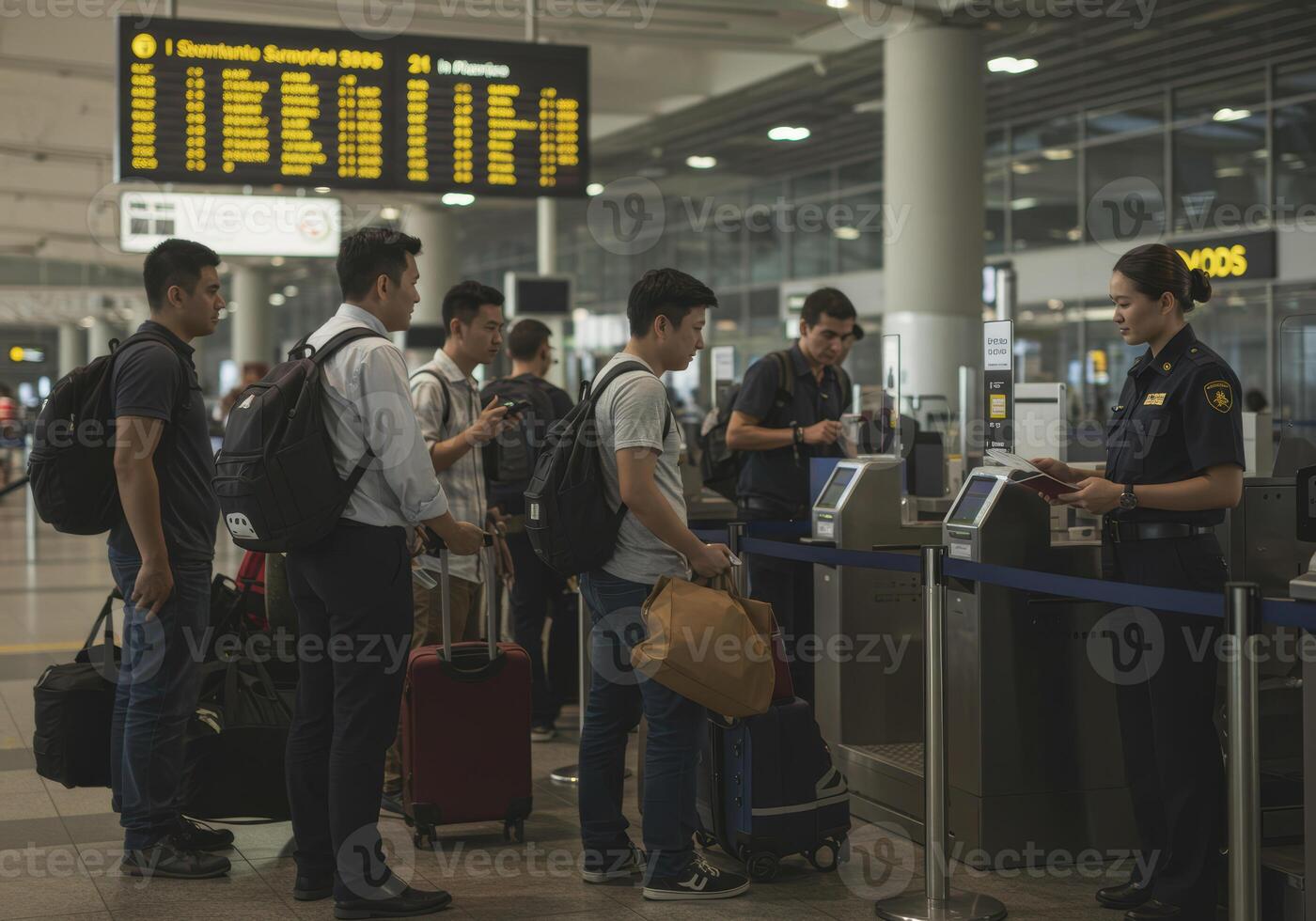 A security officer checks passports of travelers waiting in line at automated passport control at the airport. photo