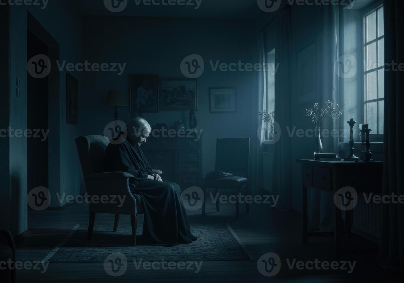 An old woman sits in a dimly lit room, her head bowed in apparent sadness and reflection. photo