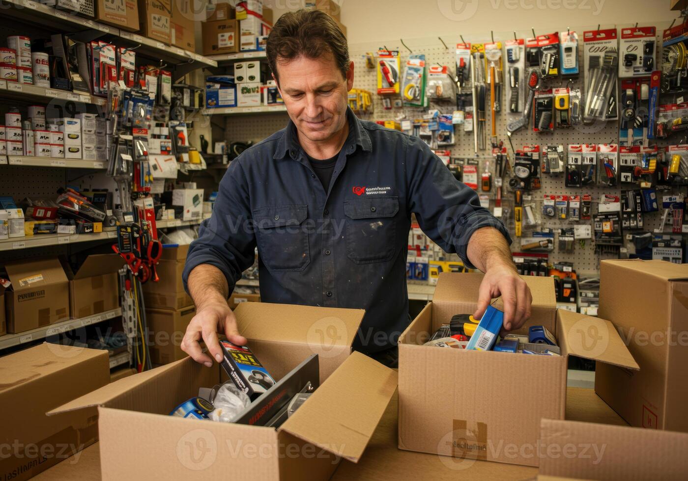 Man Organizing Tools in Boxes at Hardware Store Shelving Area photo