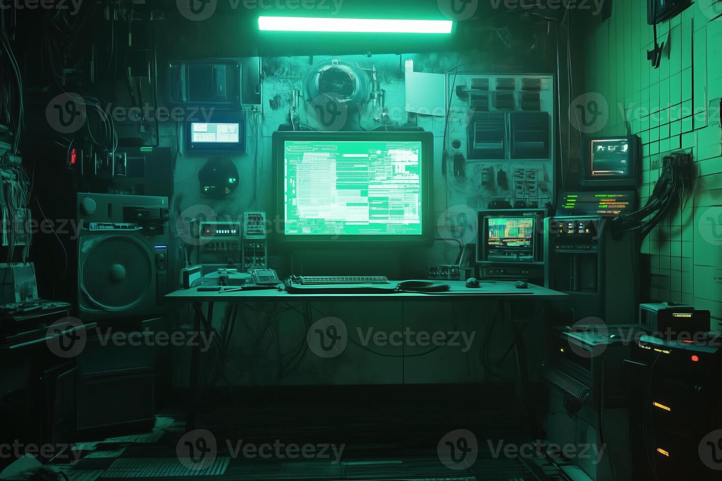Explore the dimly lit interior of a futuristic command center with glowing screens. photo