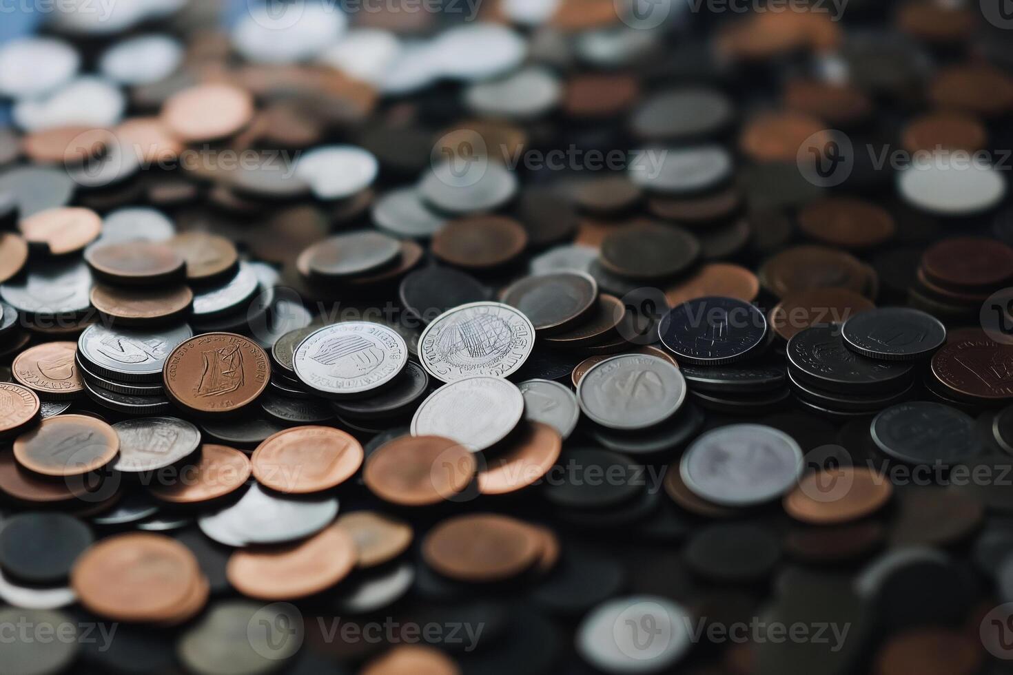 A variety of global coins are scattered, representing currency and economic concepts. photo