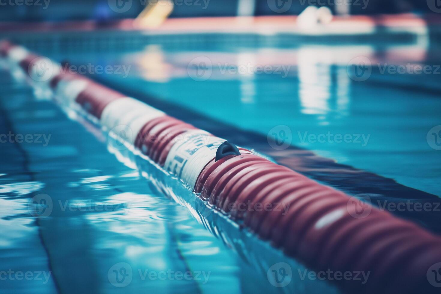 A bright red and white lane divider floats serenely on the surface of a swimming pool. photo