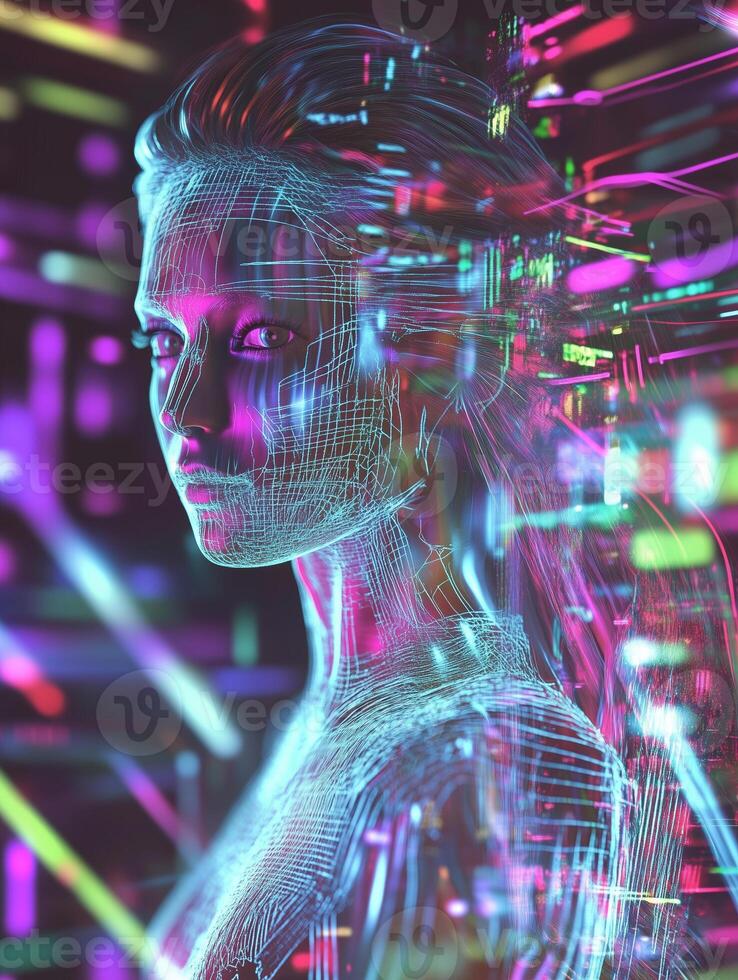 A digital portrait of a woman constructed from light streams, symbolizing technology. photo