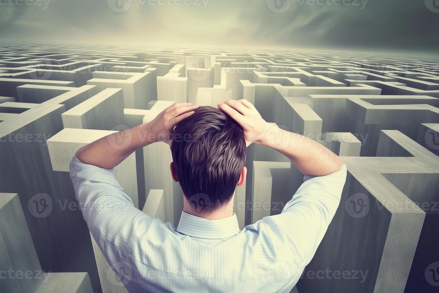 A man contemplates his path through an infinite maze, facing an uncertain future. photo
