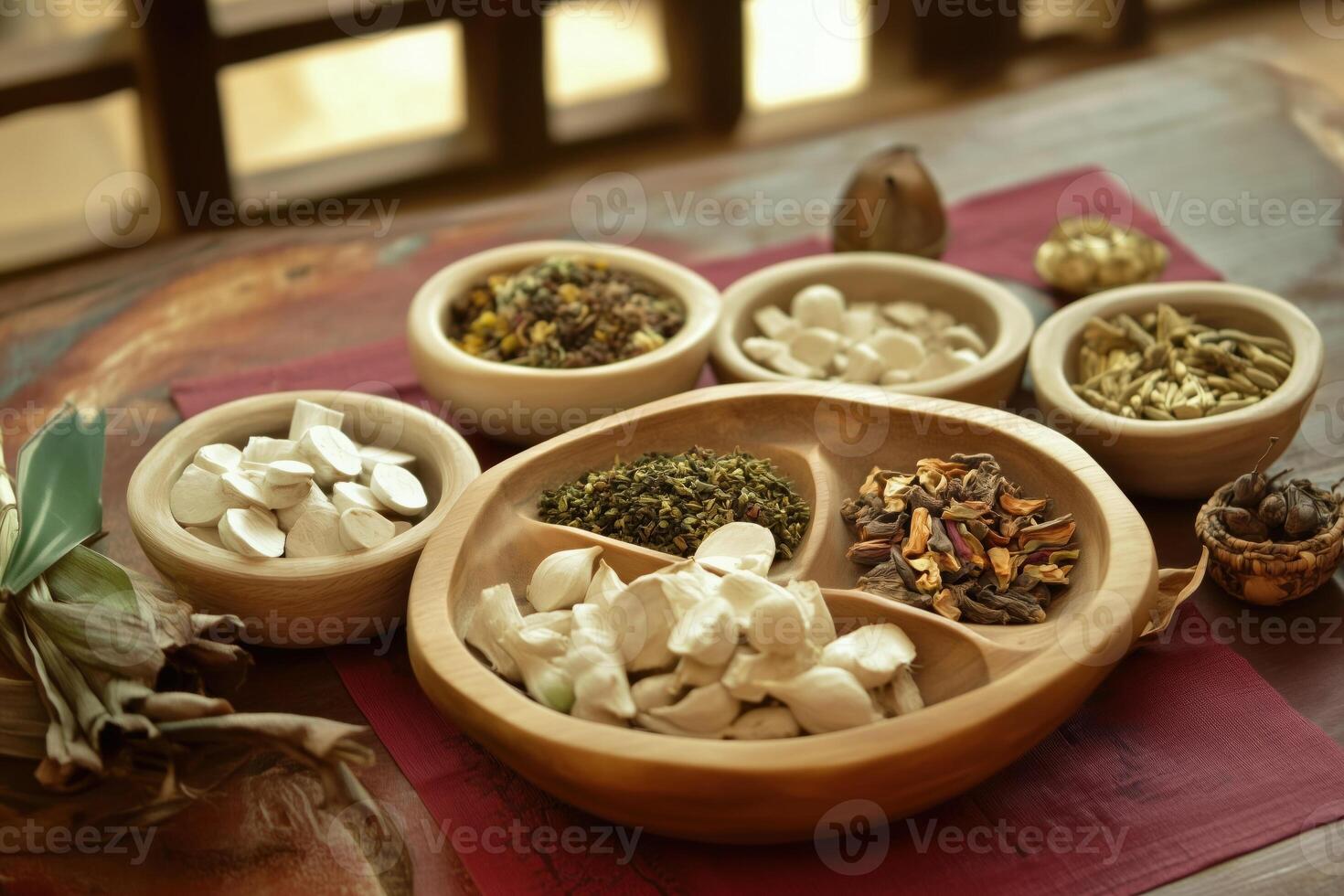 A wooden tray and bowls display a beautiful selection of dried herbs and spices. photo