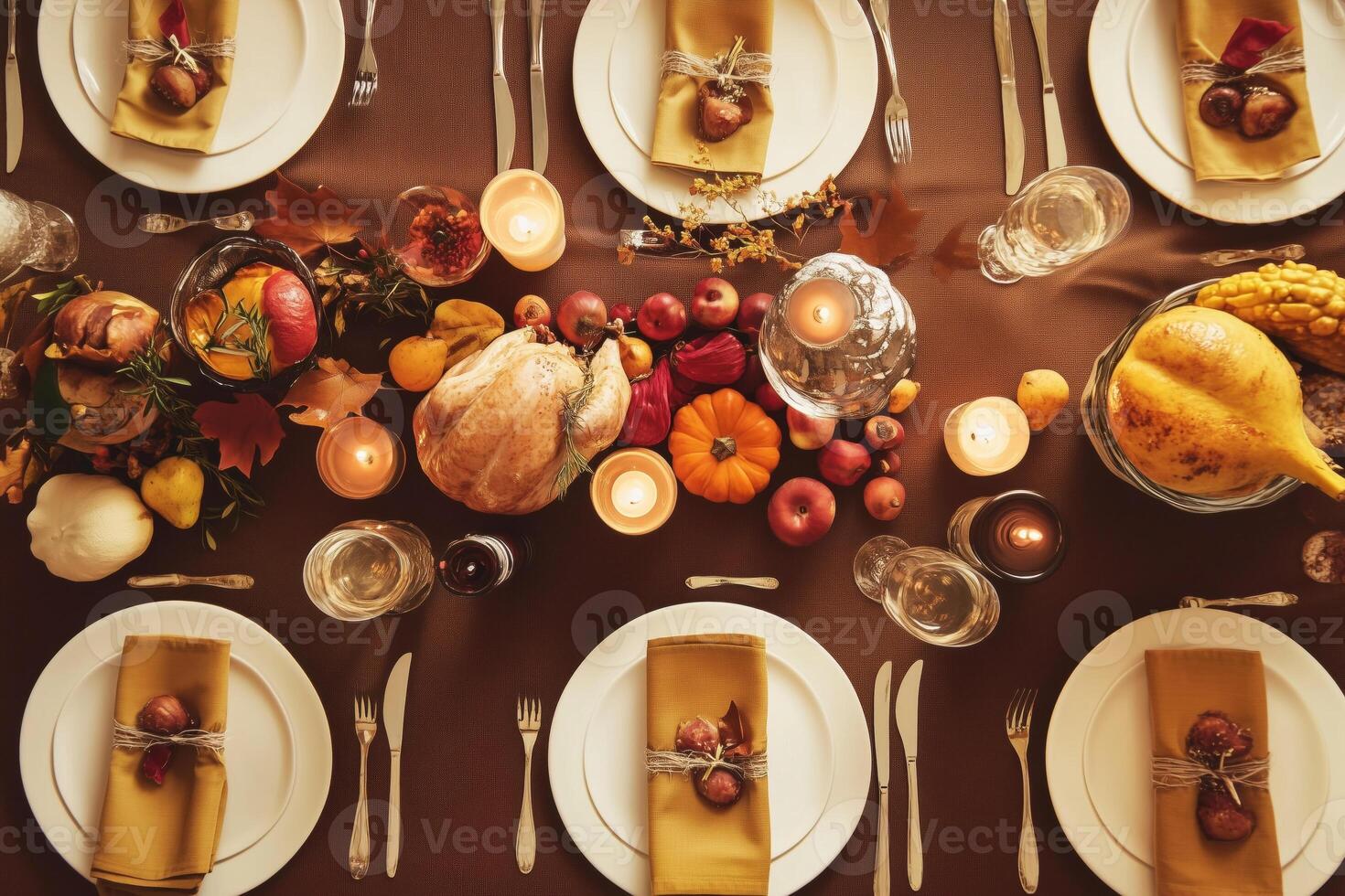 A beautiful Thanksgiving table set with a delicious turkey and autumnal decorations. photo