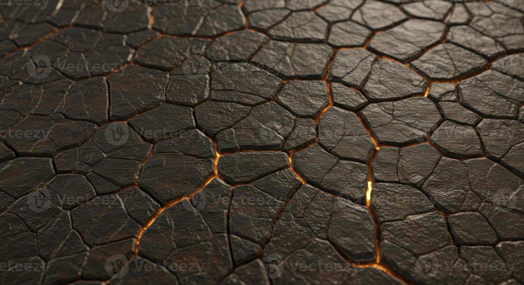 Dramatic cracked earth background shows glowing light seeping through the fissures. photo