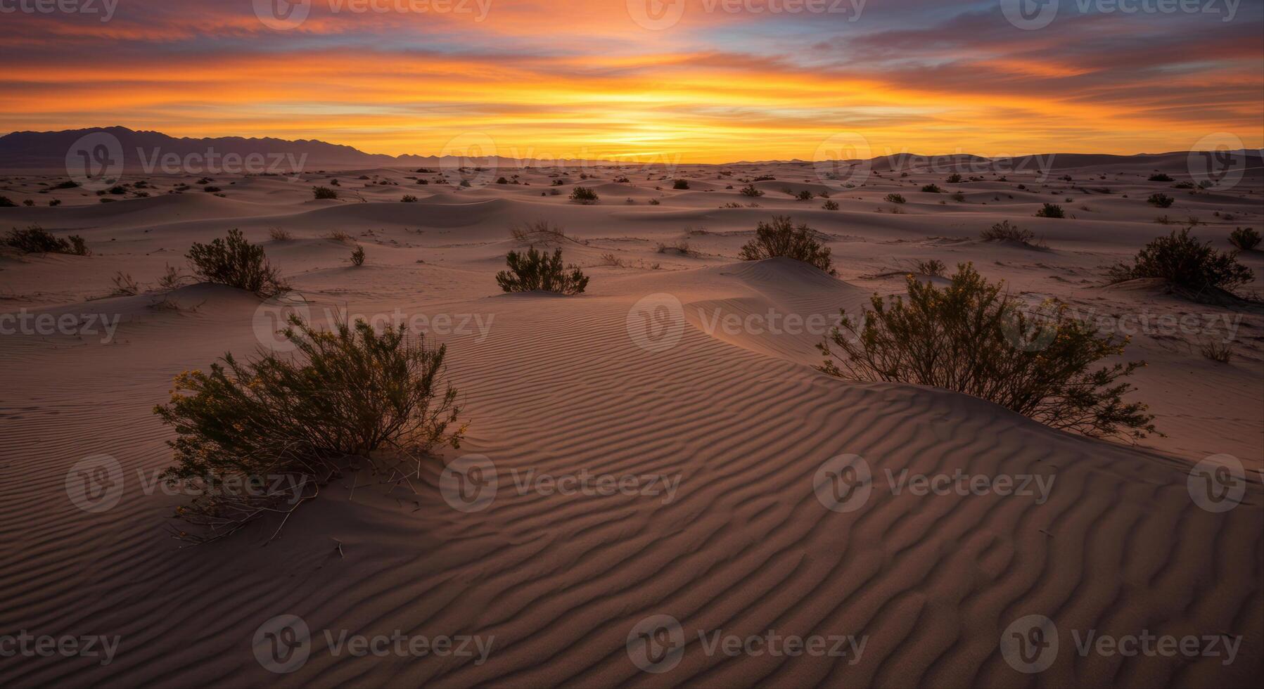 Experience a serene desert landscape at dusk, featuring rolling dunes and scattered vegetation. photo