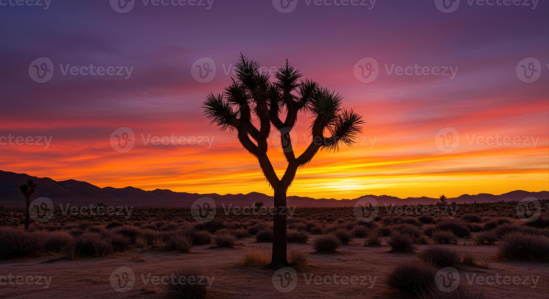 A lone Joshua Tree stands silhouetted against a blazing sunset in the desert. photo