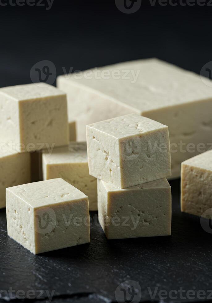 Tofu cubes and blocks stacked on slate, ready to be used in a healthy, vegan meal. photo