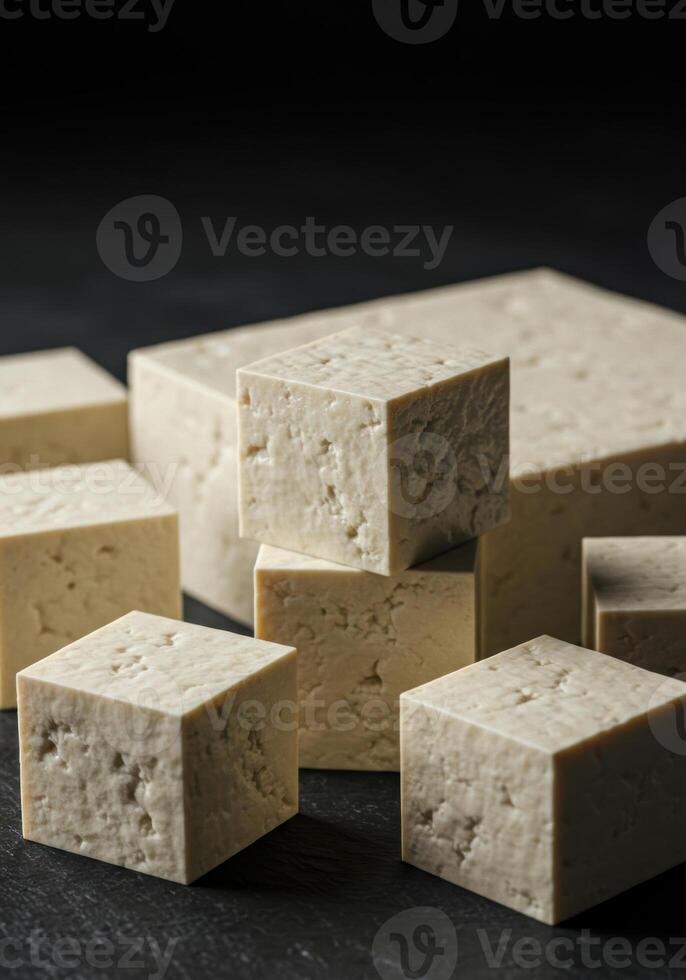An arrangement of fresh tofu cubes on a dark surface, ready for cooking. photo