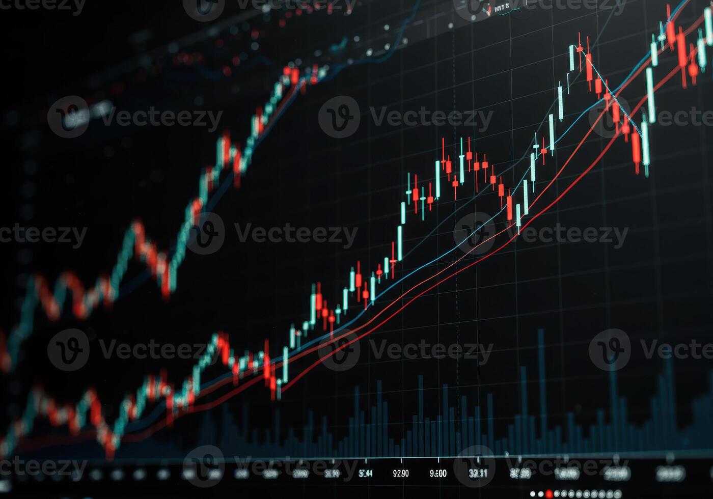 Analyzing market trends, stock performance illustrated with vibrant graphs on a dark screen. photo