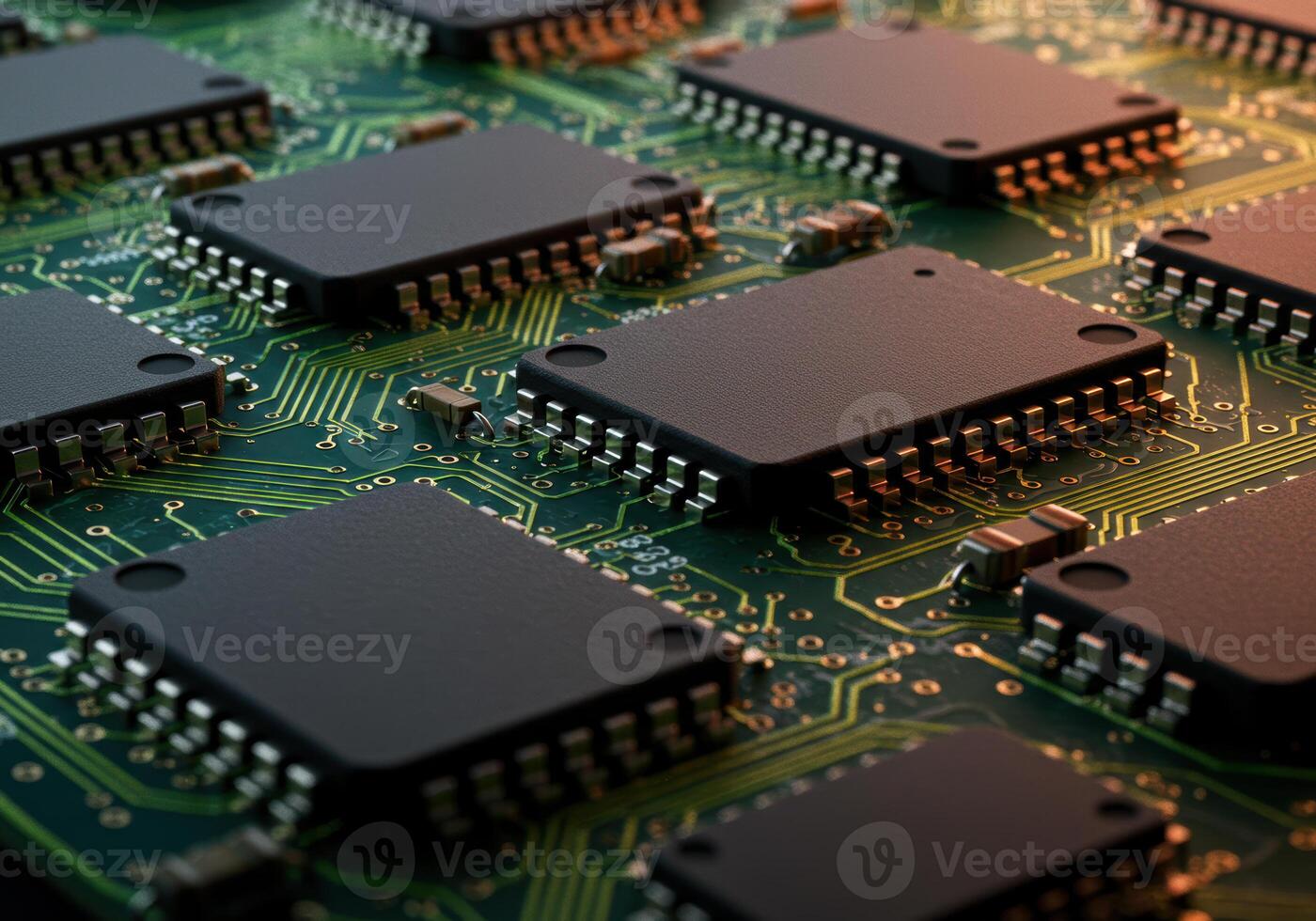 Detailed view of microchips on a circuit board, showcasing modern tech advancement. photo