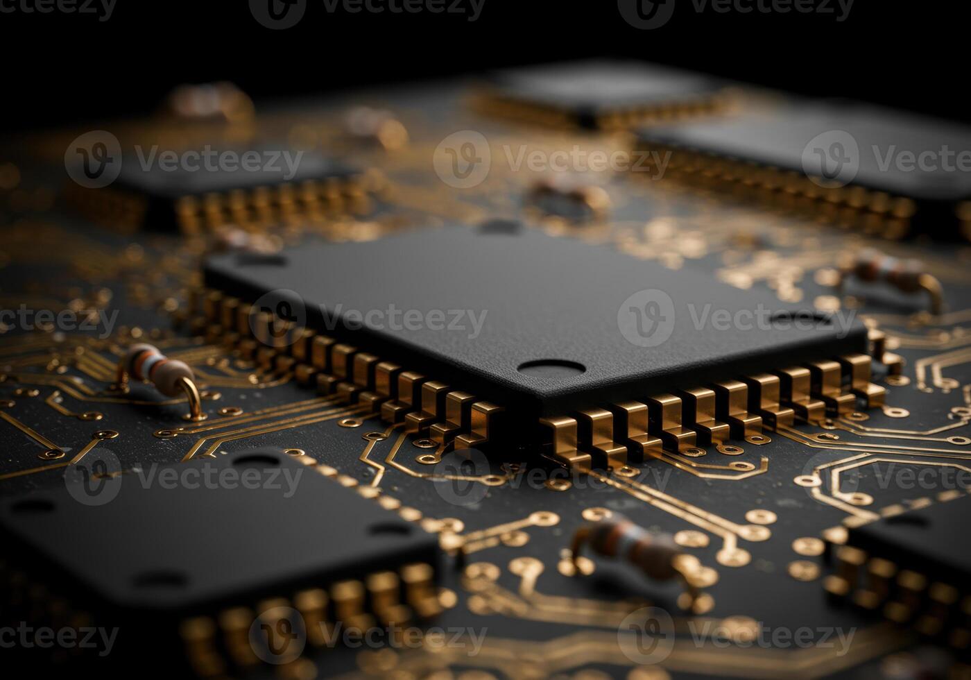 Explore the intricate design of microchips and pathways on a computer circuit board. photo