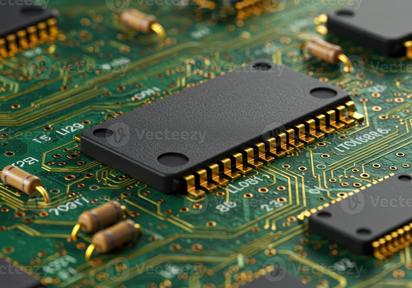 A detailed close-up shows a circuit board with its intricate network of components. photo