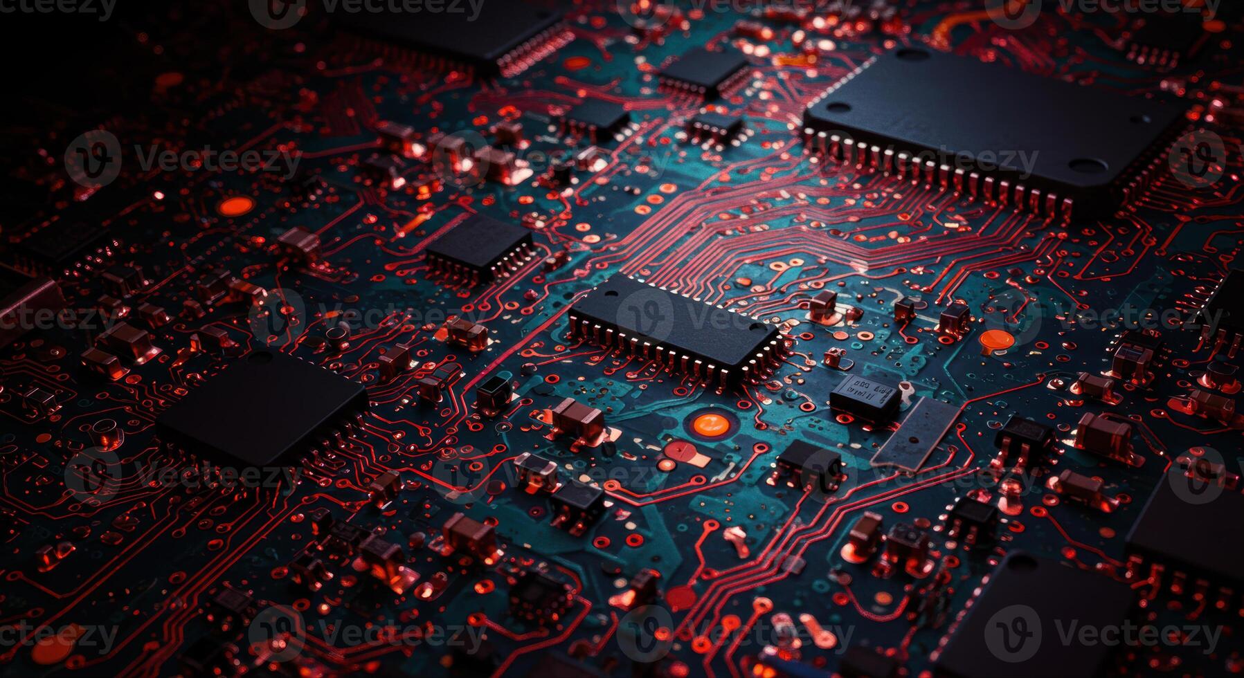 Explore the intricate world of a computer circuit board with its complex connections. photo