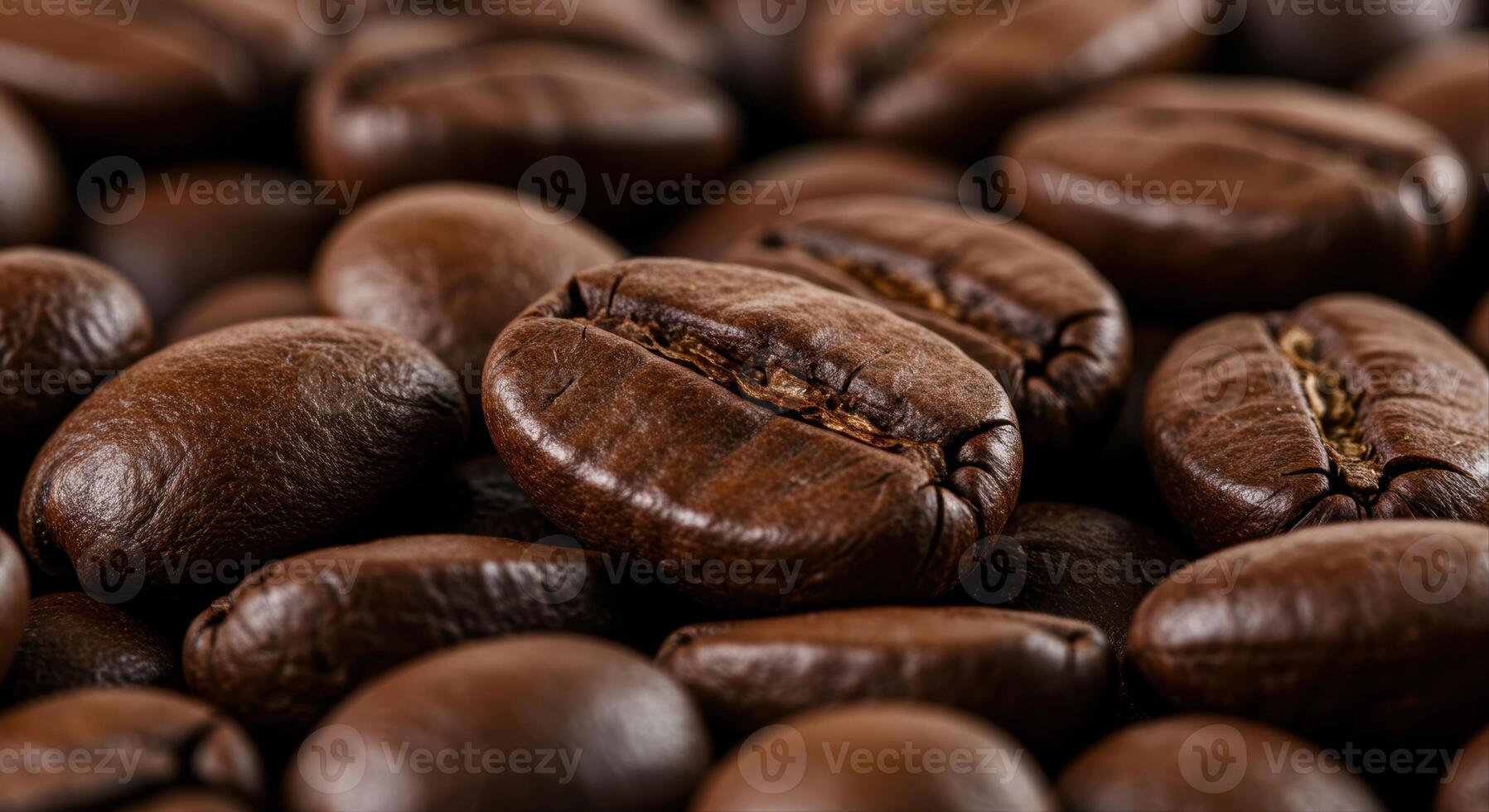 Aromatic roasted coffee beans are displayed in a close-up shot, exhibiting rich textures. photo
