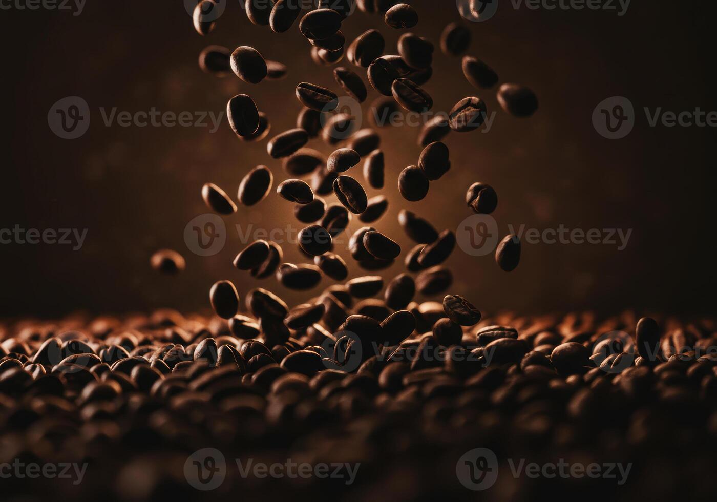 Roasted coffee beans elegantly fall, creating a visually appealing, aromatic display. photo