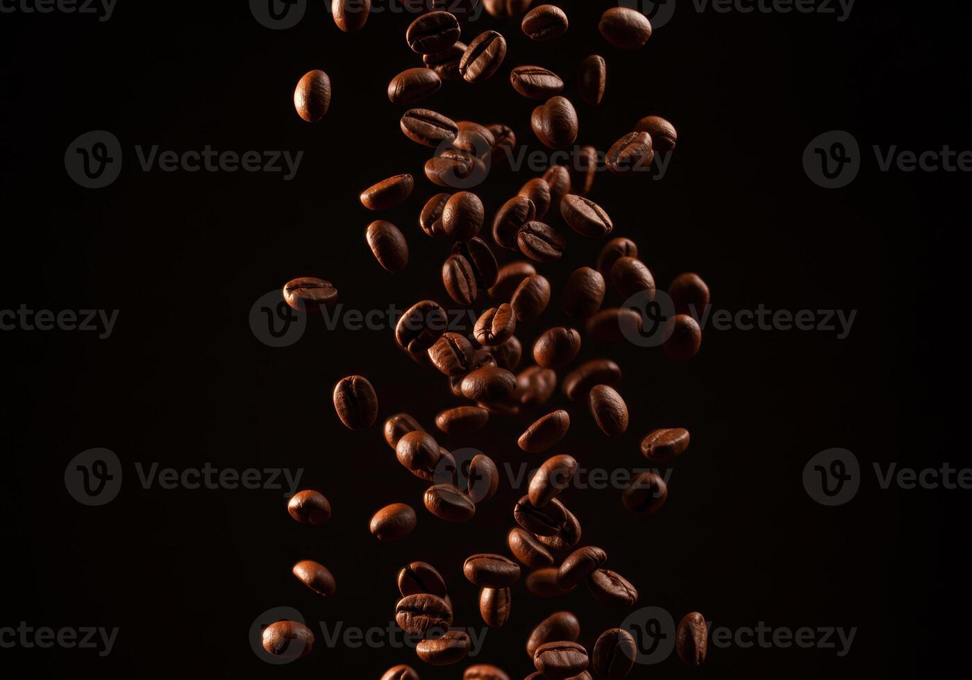 Aromatic coffee beans are falling in a cascade against a dark, elegant backdrop. photo