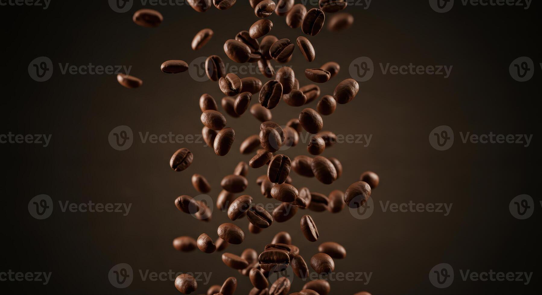 Roasted coffee beans are falling against a brown background with dramatic lighting. photo