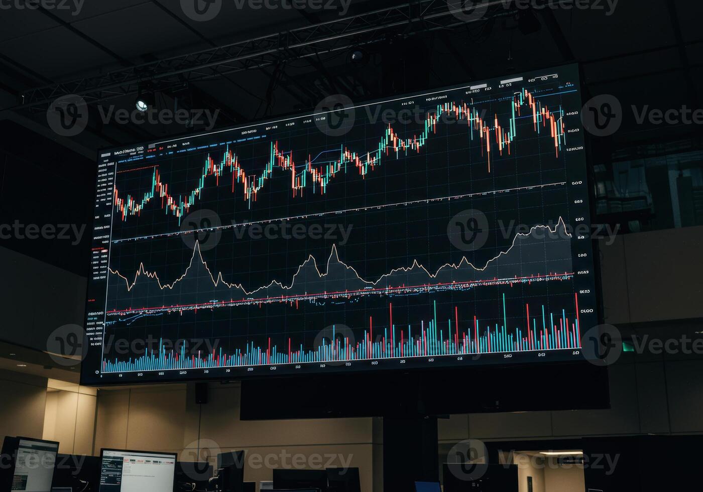 A large screen displays real-time stock market data with candle charts and key metrics. photo