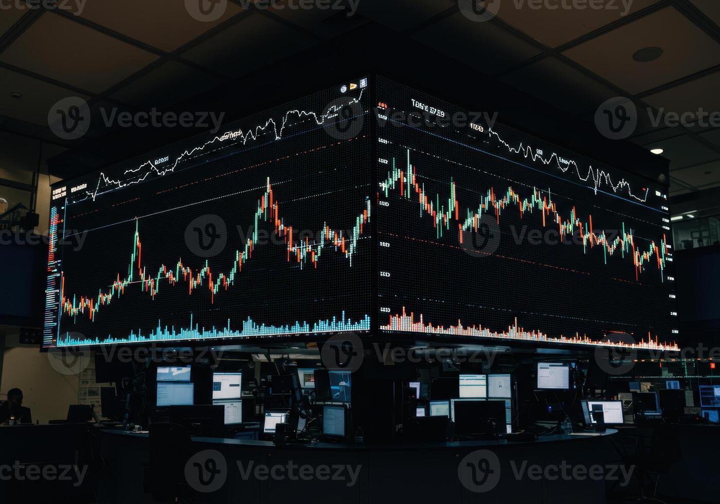 View of a bustling trading floor displaying live stock market data on large screens. photo