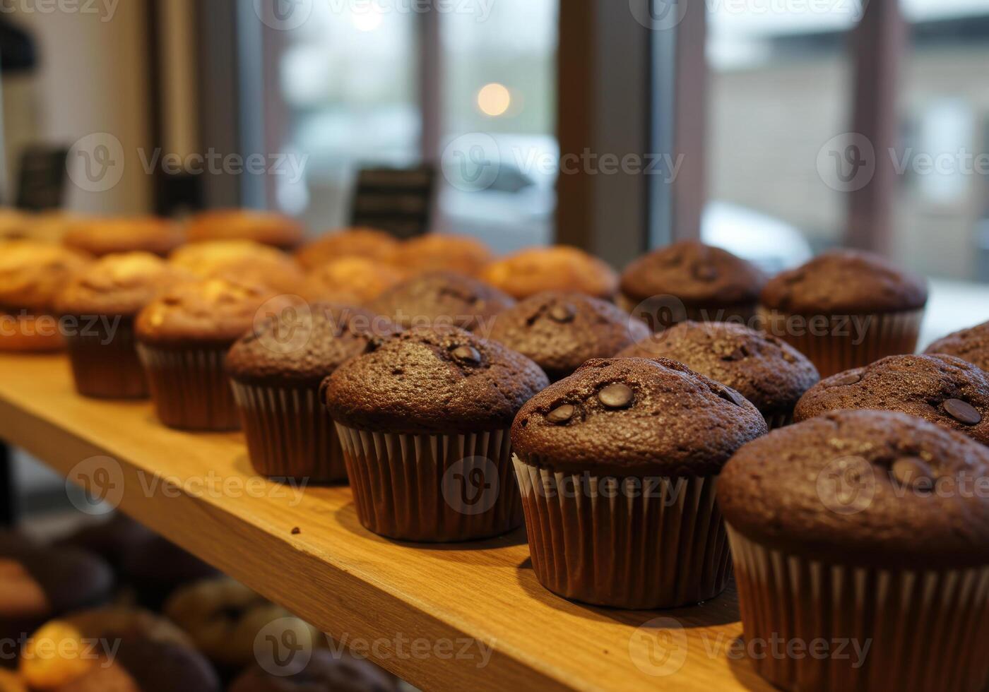 Delicious chocolate and vanilla muffins displayed on a wooden shelf in a bakery. photo