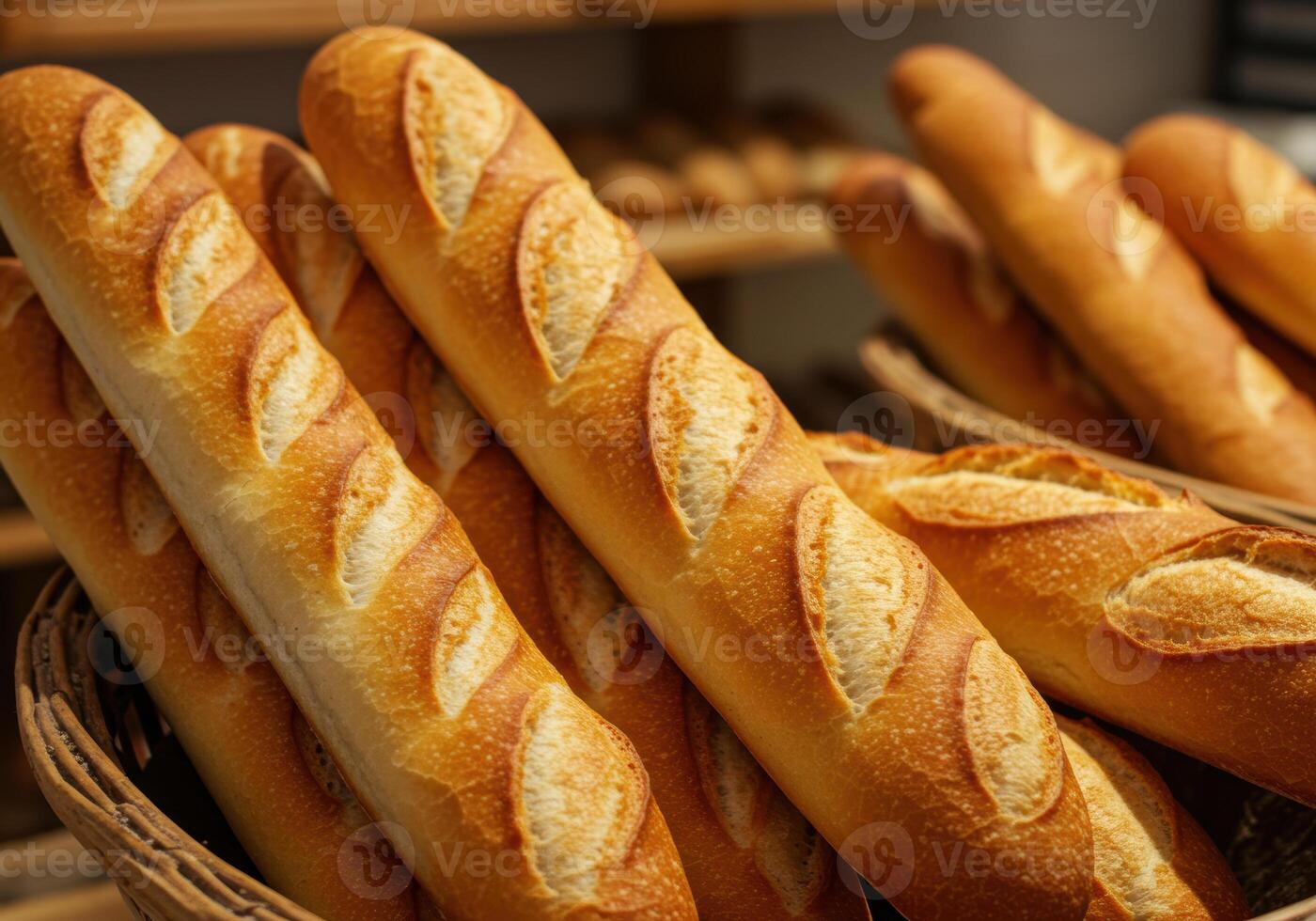 A basket full of freshly baked golden brown baguettes in a bakery setting. photo