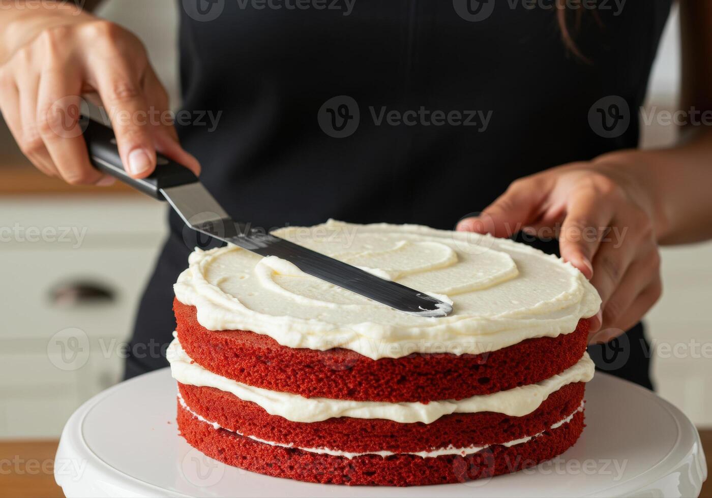 A baker gently spreads white cream cheese frosting on a red velvet layer cake. photo