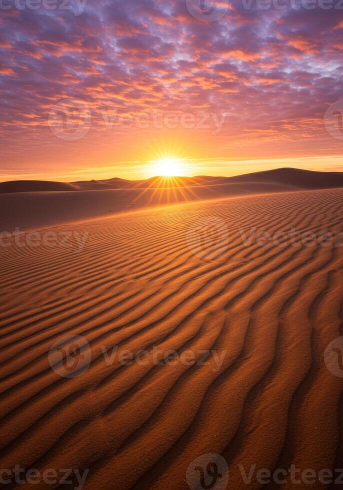 Golden sunset casts a warm glow over the vast, undulating sand dunes of the desert. photo