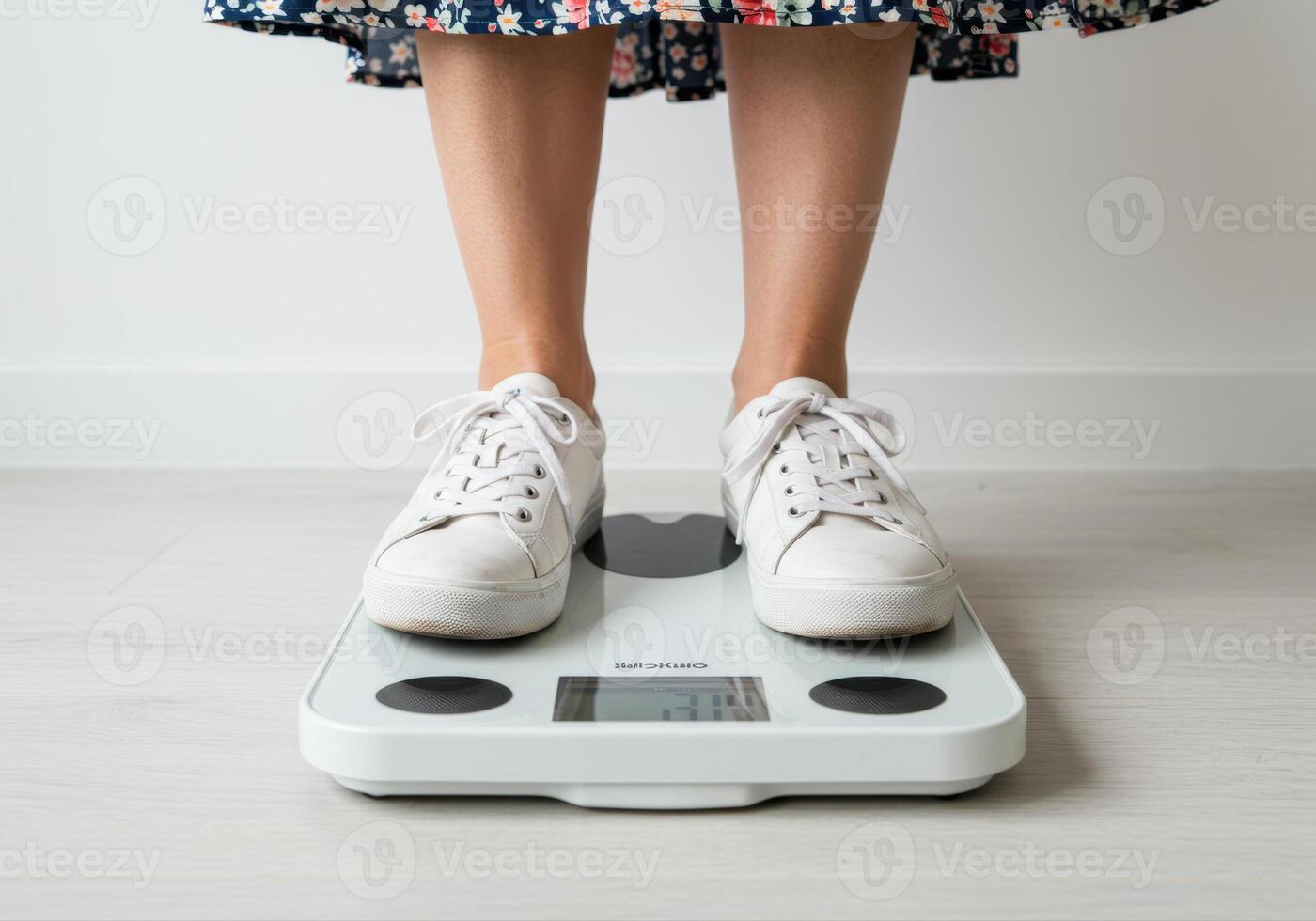 A woman in sneakers stands on a digital scale to monitor her weight indoors. photo