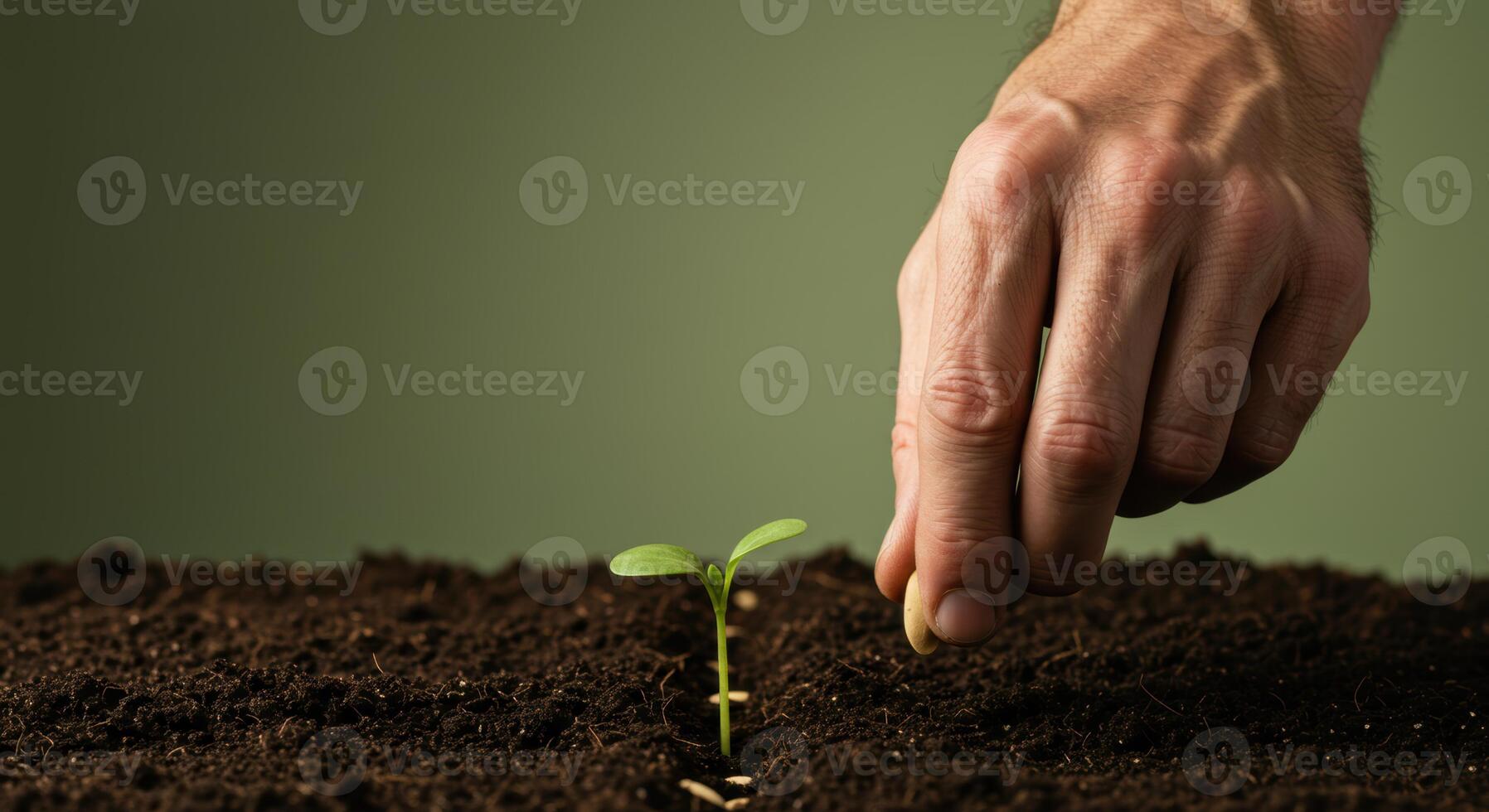 A nurturing hand sows a seed, watching a new plant sprout from the earth. photo