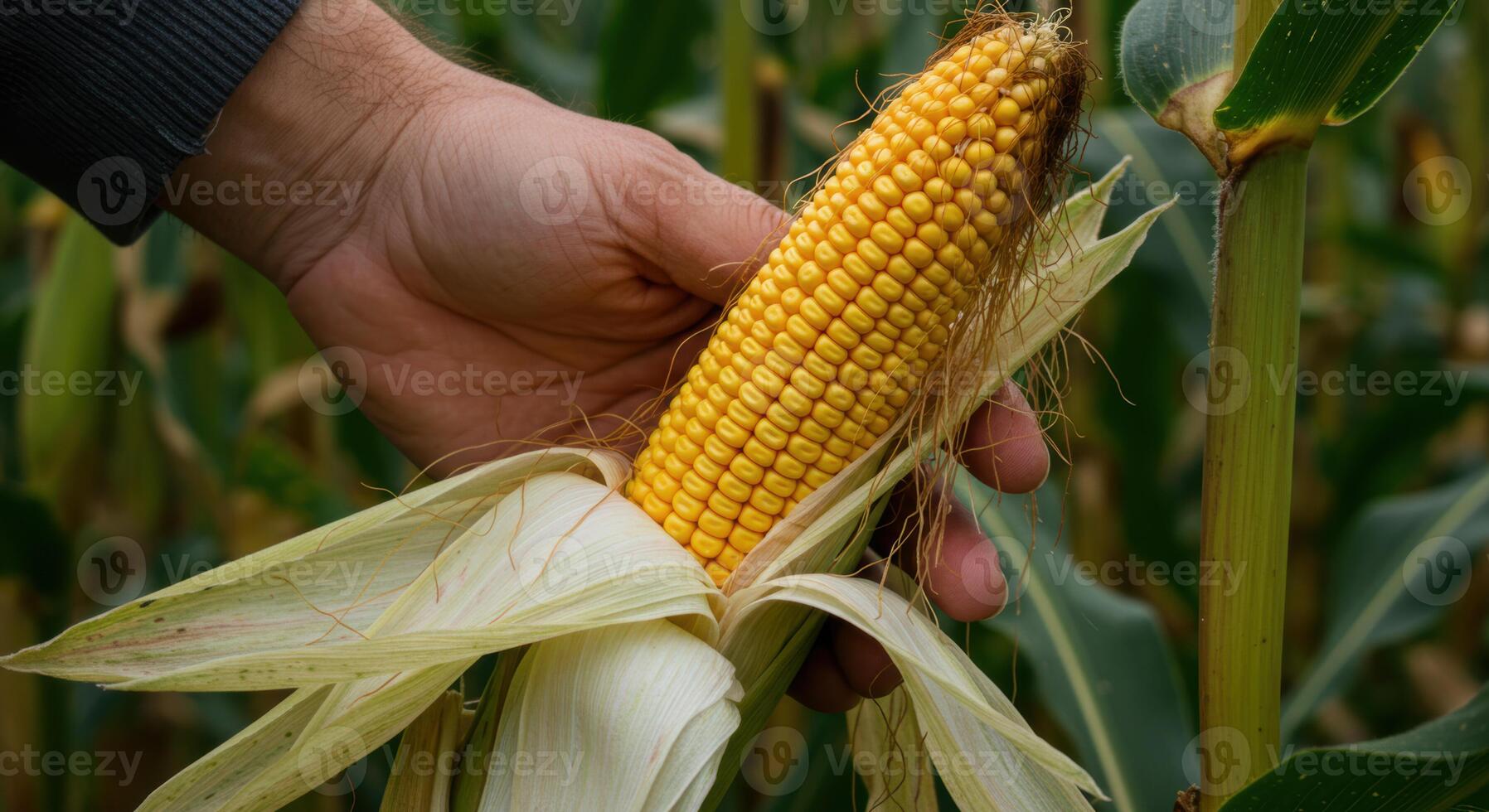 A farmer checks a ripe corn cob, ready for harvesting in the golden field. photo