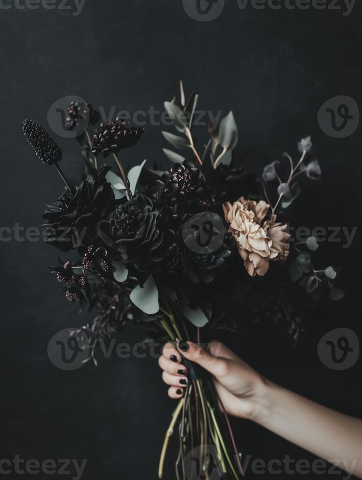 A dark and elegant floral bouquet held in hand, set against a shadowy background. photo