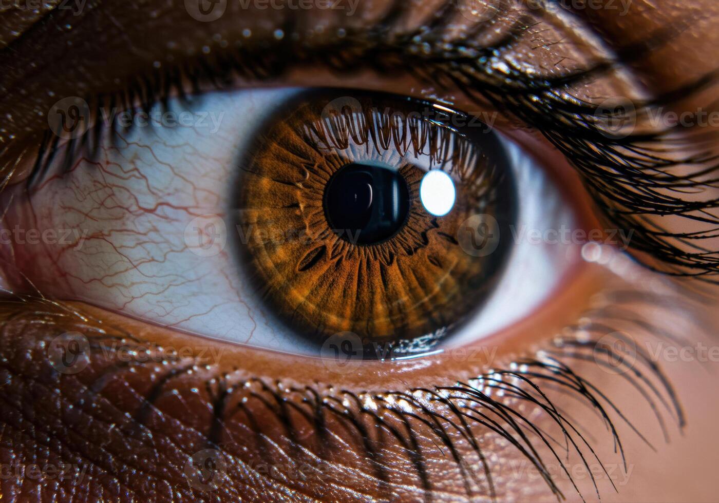 Detailed close-up captures the intricate beauty and depth of a captivating brown eye. photo